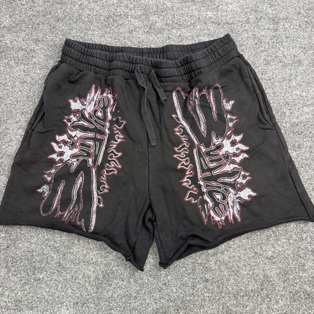 Evil Vice‎ Graphic Sweat Shorts Black Flame Logo Streetwear Fleece Mens XL